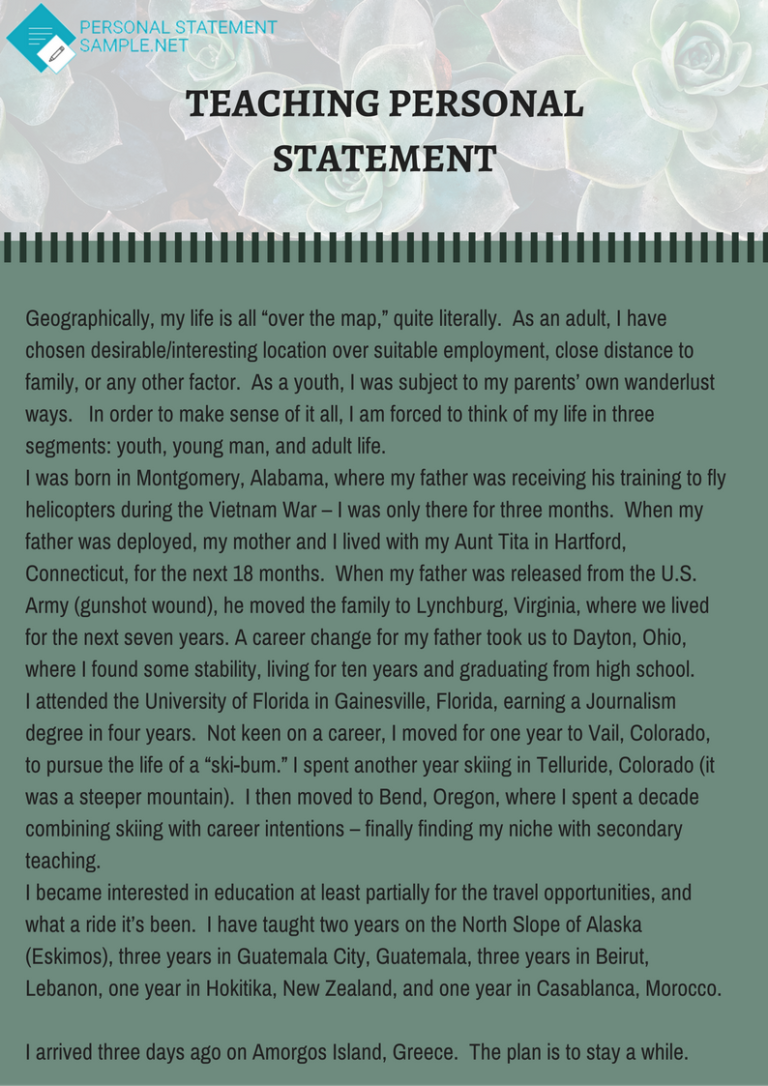 Teaching Personal Statement Examples Useful For Writing SOP On Own